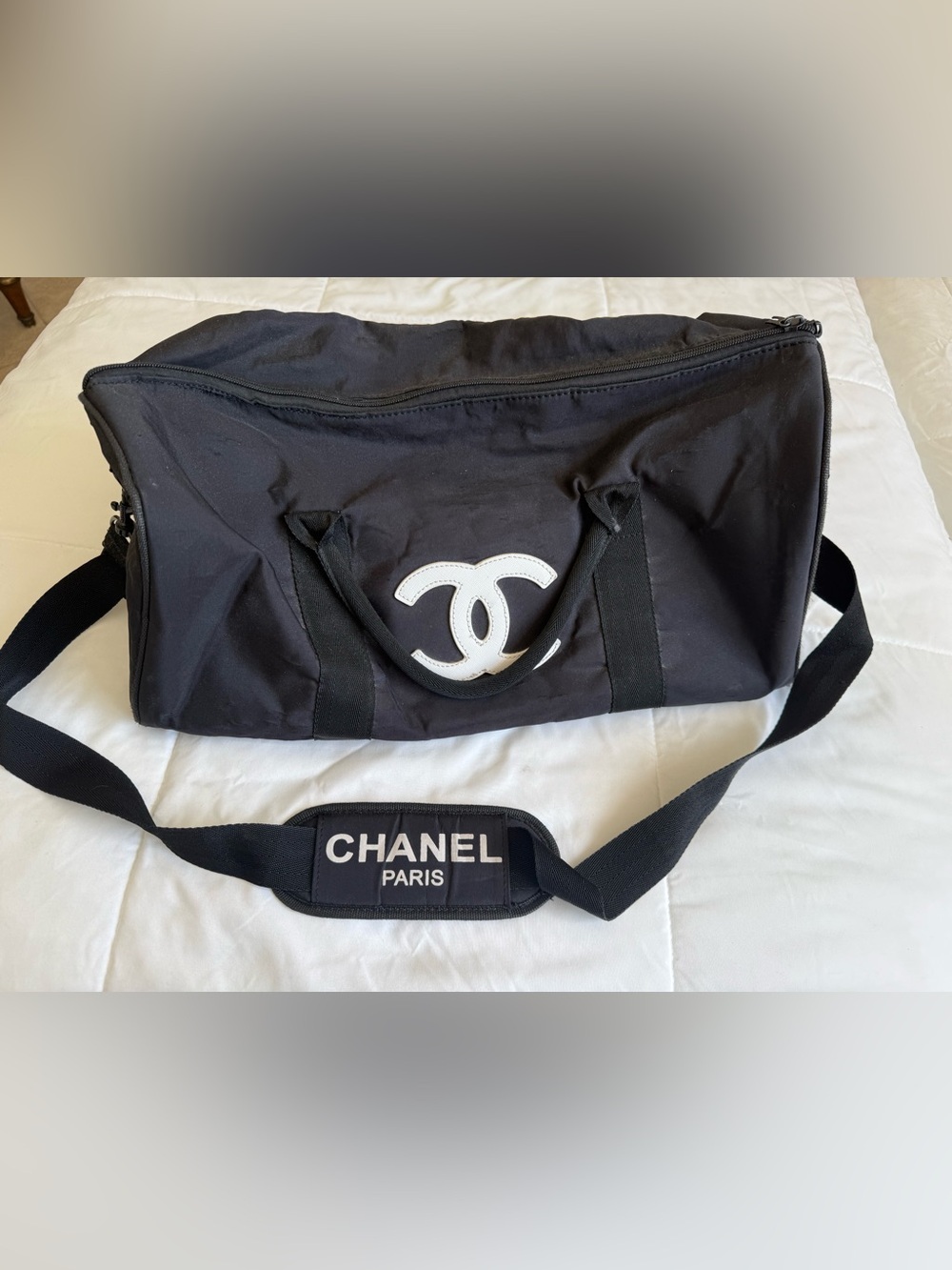 CHANEL Black Canvas Duffel Bag with White CC Logo